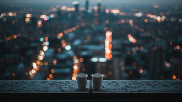 Two white cups on a wet ledge overlooking a city's blurred lights at dusk