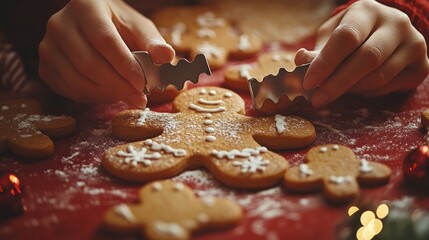 Close-up of hands decorating gingerbread man cookies with icing.