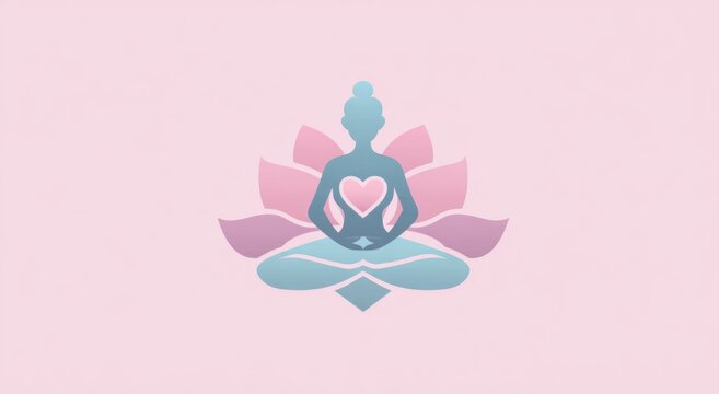 Minimal yoga meditation icon with lotus flower and heart, wellness logo design for mental health, mindfulness and self care concept.