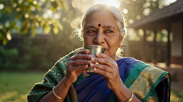 Woman Enjoying Refreshing Drink Outdoors - An elderly woman is seen drinking from a metal cup outside, likely water or another refreshing beverage, in a sunlit environment.