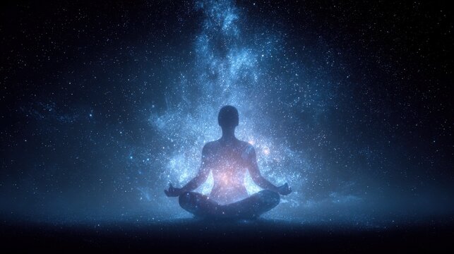 Meditating man silhouette in lotus pose over starry galaxy universe, cosmic mindfulness, spiritual connection and universal consciousness concept.
