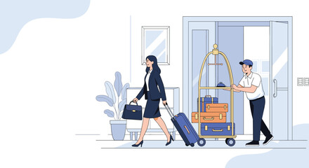 Fototapeta premium Helpful hotel bellboy pushing a brass luggage cart with several suitcases while a professional businesswoman walks nearby at the entrance.