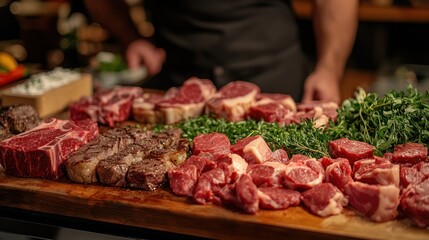 Assortment of Fresh Raw Meat Cuts on a Wooden Board.