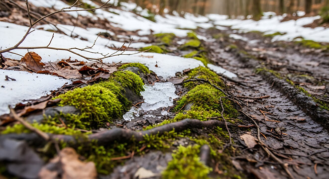 Close-up perspective of a thawing forest path featuring melting snow patches over dark moist soil with vibrant green emerging moss signaling the arrival of early spring seasonal transition.