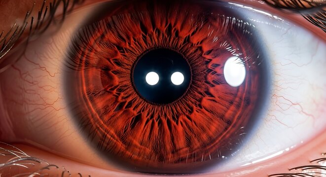 A close-up of a human eye with a red iris and black pupil