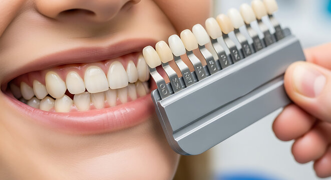 Detailed Close-up of Smiling Mouth Utilizing a Professional Tooth Shade Guide for Dental Smile Makeover Cosmetic Restoration and Oral Implantology Procedures Showing Pearly White Results
