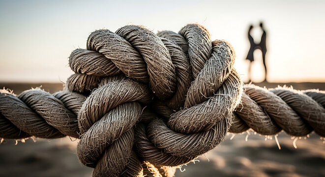 Detailed close-up of a tight nautical rope knot with a distant blurred couple in the background symbolizing strength, professional relationship coaching, marriage counseling and emotional bonding.
