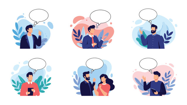 Collection of diverse people shown with empty thought bubbles above their heads, representing brainstorming and creative ideas.