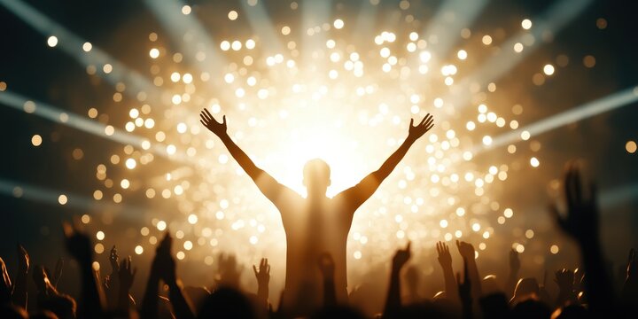 A crowd cheers with raised hands towards a brightly lit stage where a person stands with arms outstretched amid sparkling lights.