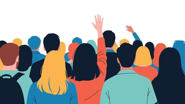 Large crowd of diverse people seen from behind with one individual raising their hand to ask an important question or volunteer for a project.