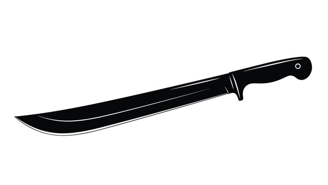 Black and white silhouette of a sharp machete knife with a long curved blade and ergonomic handle used for cutting or clearing thick brush.