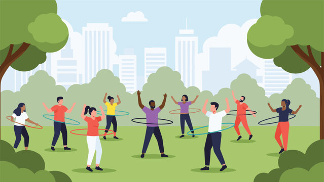 Group of diverse people of various ages and backgrounds exercising with hula hoops together in an urban park with city views.
