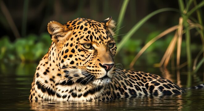 A majestic leopard with distinctive spotted fur partially submerged in calm water, looking intently to the side in a natural, wild environment.