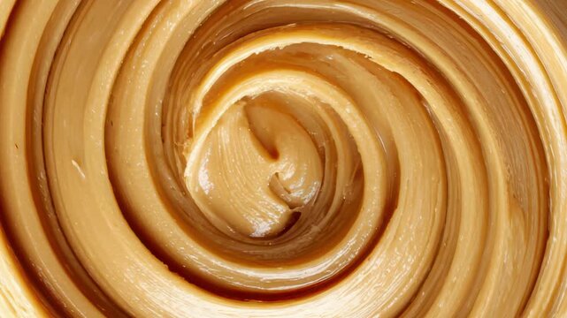 Creamy Peanut Butter Swirl Texture in High Resolution, Smooth Nut Butter Spiral Background with Rich Golden Brown Color, Close-Up Food Texture for Culinary Design, Packaging, Advertising, and Abstract