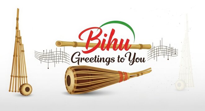 Festive bihhu greetings illustration featuring traditional assamese musical instruments and decorative elements