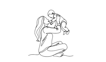 Elegant mother lifting baby line art vector illustration mothers day celebration minimalist family design © Fatik