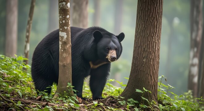A large black bear stands alert in a lush green forest, surrounded by trees and foliage.