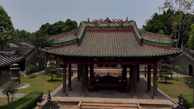 Aerial drone flying over an historic chinese temple in foshan