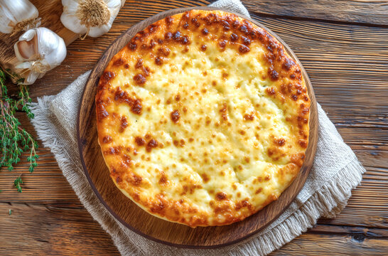 Traditional Georgian Cheese Bread Khachapuri on Rustic Wooden Background
