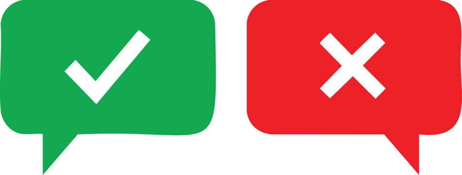 Green speech bubble with checkmark and red speech bubble with cross
