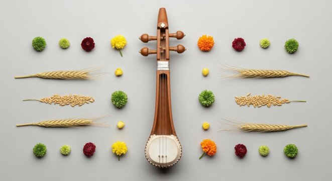A traditional tanbur instrument surrounded by colorful flowers and golden wheat stalks