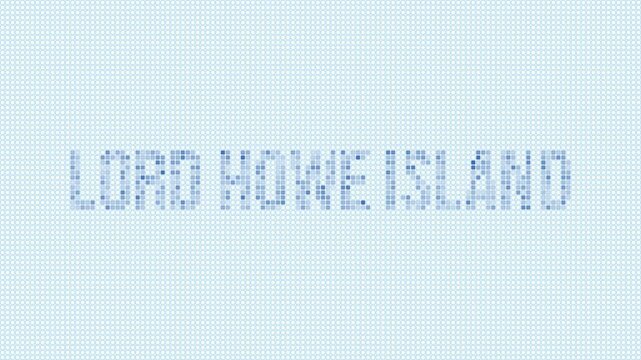 Lord Howe Island dotted map animation. Digital style shape of Lord Howe Island with title. Blue dots appear with flickering effect. Australia. Modern Intro, outro, title, logo video.