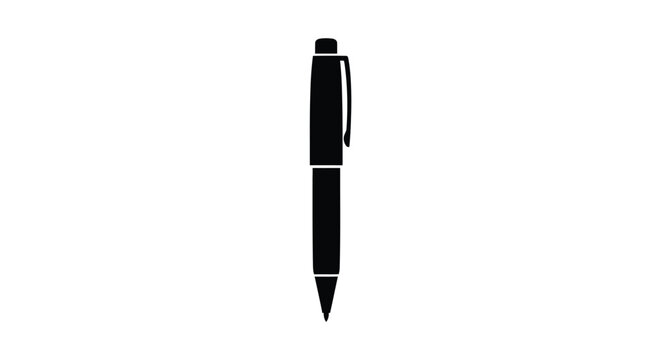 A simple black silhouette of a ballpoint pen on a white background