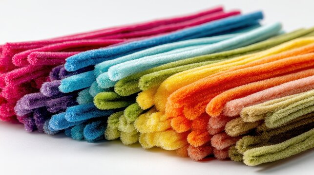 Vibrant Assortment of Colorful Glittery Pipe Cleaners Arranged in a Spectrum on a White Background with Soft Lighting Creating a Textured Rainbow Effect
