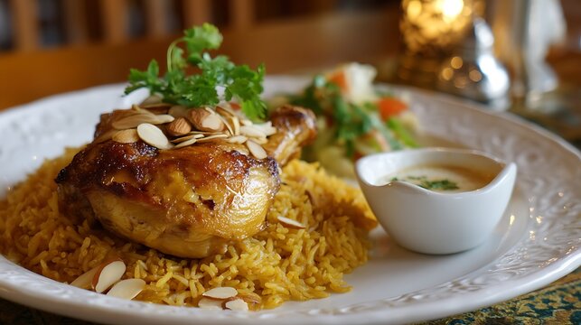 A plate of food with rice and chicken and almonds on top and a small bowl of sauce