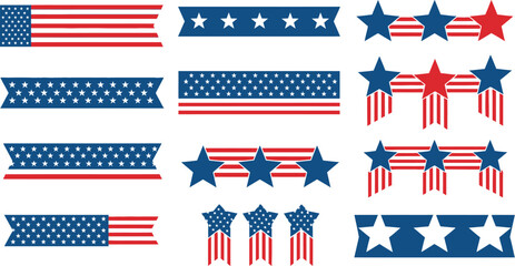 Obraz premium A comprehensive collection of patriotic American flag banners, decorative borders, and star elements for design projects and celebrations.