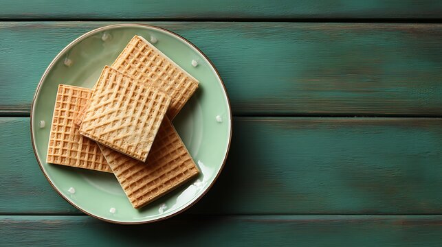 A plate of square waffles on a green wooden table with a green plate