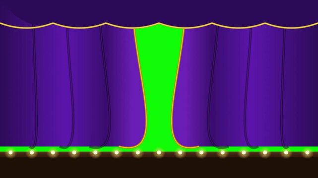 Purple Theater Stage Curtains Opening to Reveal a Green Screen Background with Footlights