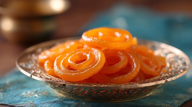 A silver plate filled with sweet orange jalebi Indian dessert on blue fabric