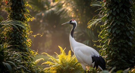 Fototapeta premium A majestic red-crowned crane stands gracefully amidst lush green foliage with golden light filtering through the dense forest.