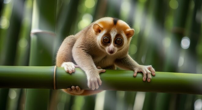 A cute slow loris with large eyes perches on a thick green bamboo stalk in a lush, natural forest environment.