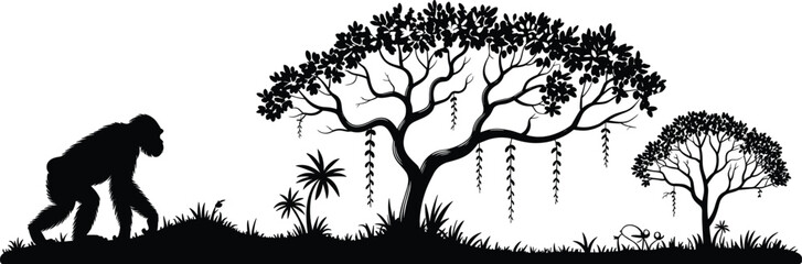 Primate jungle silhouette illustration, chimpanzee or gorilla walking among trees, vines, and vegetation, wildlife nature habitat theme, vector art, black isolated bold design © Mehedi