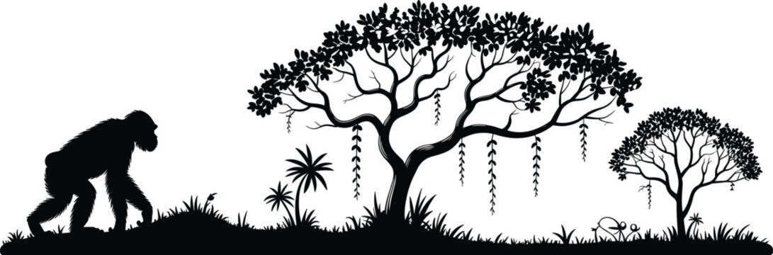Primate jungle silhouette illustration, chimpanzee or gorilla walking among trees, vines, and vegetation, wildlife nature habitat theme, vector art, black isolated bold design
