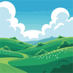 Obraz premium A vibrant summer landscape illustration featuring rolling green hills and a lush grass field under a blue sky with fluffy clouds, depicting a sunny rural nature scene in a flat vector style
