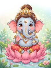 Fototapeta premium Cute cartoon of Lord Ganesha sitting on a lotus flower
