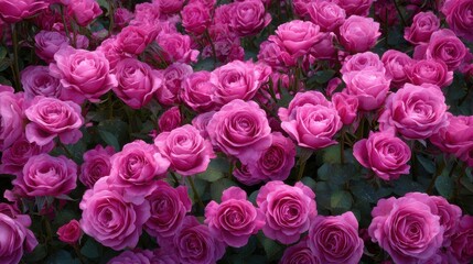 Obraz premium Abundant Garden Of Pink Roses In Full Bloom With Dew Drops On Petals And Green Foliage Background Soft Natural Light