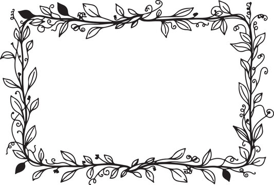 Floral border, leafy frame, black and white illustration, vector decorative element