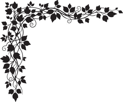 Black floral corner border, leafy vine frame, elegant botanical ornament, decorative foliage vector