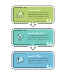 Vertical infographic with three steps, arrows and icons for workflow, presentation or business process