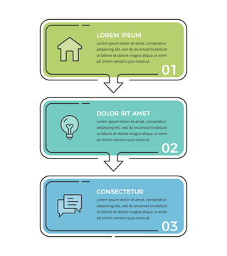 Vertical infographic with three steps, arrows and icons for workflow, presentation or business process