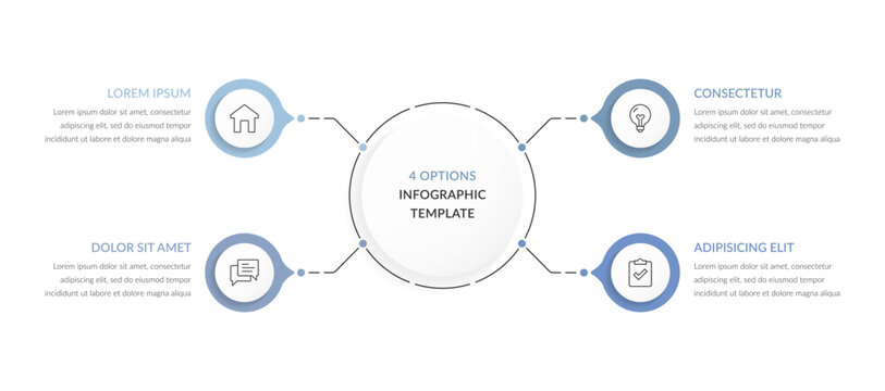 Infographic template with a central circle connected to four options for data visualization, mind map or flow chart template
