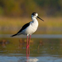 Obraz premium A bird with a white body, black wings, and long pink legs