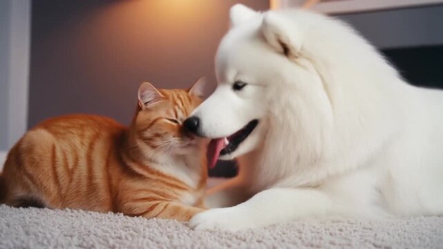 Samoyed dog and ginger cat sharing a tender moment of friendship