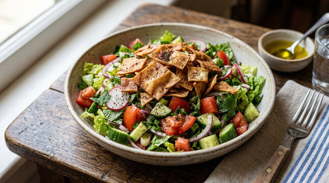 fattoush salad with vegetables herbs and pita chips