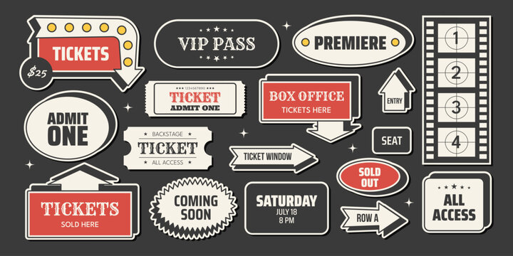 Retro cinema ticket sticker set with admit one tickets, VIP pass, box office signs and film strip elements in vintage 1950s mid century style. Classic vector illustration for movie entertainment
