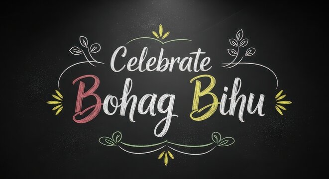 A chalkboard illustration celebrates the assamese festival bohag bihu with floral elements